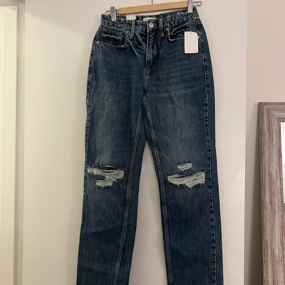 Good American Blue Straight Leg Jeans with Distressed Details - Picture 1 of 4